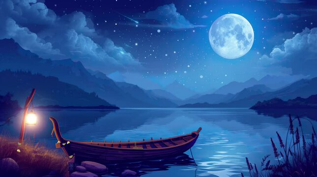 Tranquil wooden boat drifting on the calm waters of the lake under the luminous glow of the full moon at night
 Seamless looping 4k time-lapse virtual video animation background. Generated AI