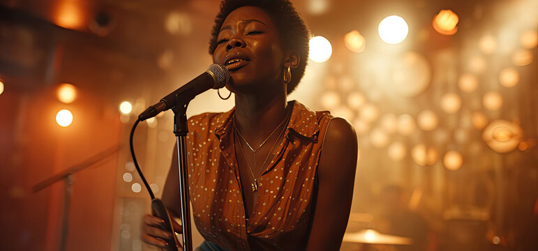 Black woman singing into microphone vocalist on stage in concert hall