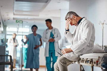 Hospital, stress and doctor with headache, healthcare and mistake with failure and overworked with...