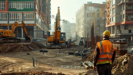 Civil engineer inspects work in the pile area In the construction zone.