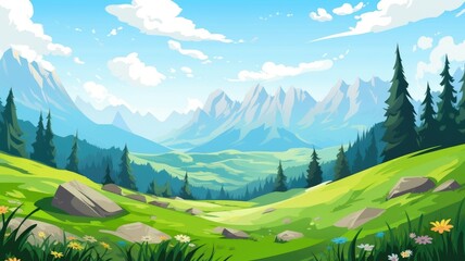 cartoon village nestled among green hills with majestic mountains and clear blue sky