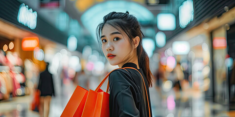 Portrait happy smile Asian young woman shopping in mall