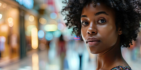 Portrait happy smile black young woman shopping in mall