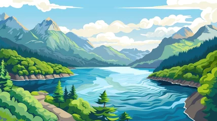 Schilderijen op glas cartoon landscape  with a vibrant lake, forests, and mountains © chesleatsz