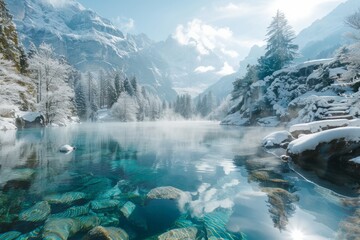 Landscape of snow-covered mountains with the tranquil  pool, focusing on the serene atmosphere