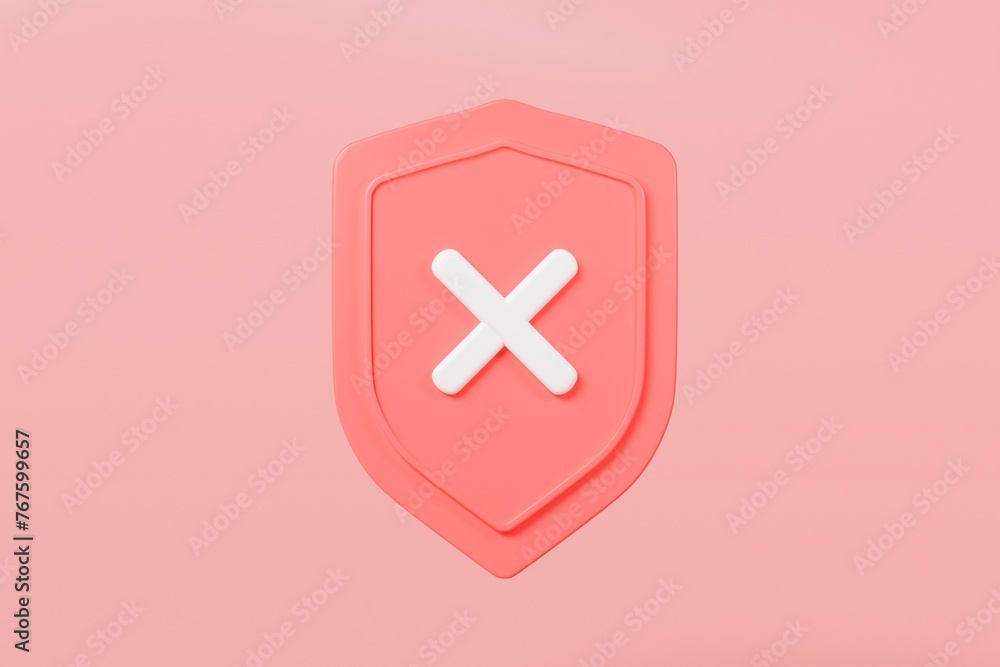 Poster 3d realistic shield unprotected with cross mark icon. unprotection, unapproved, un security unsafe c