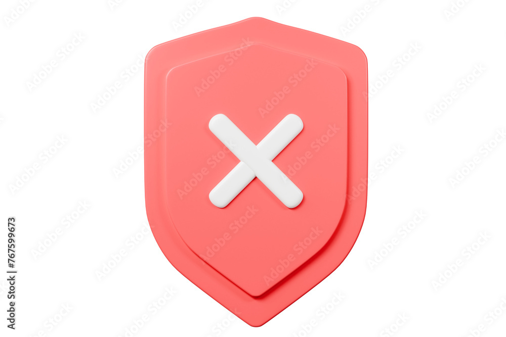 Poster 3d realistic shield unprotected with cross mark icon. unprotection, unapproved, un security unsafe c