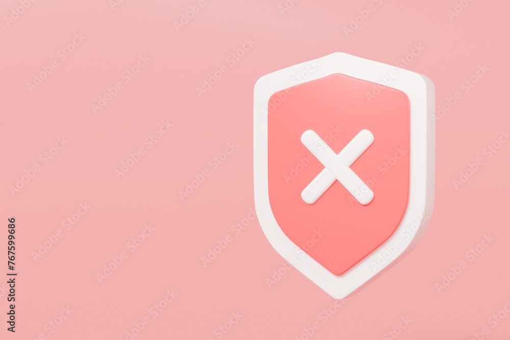 Poster 3d realistic shield unprotected with cross mark icon. unprotection, unapproved, un security unsafe c