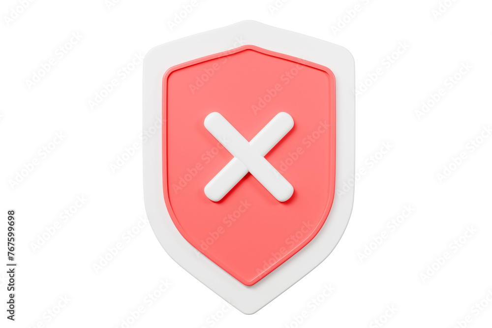 Poster 3d realistic shield unprotected with cross mark icon. unprotection, unapproved, un security unsafe c
