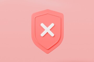 Obraz premium 3d Realistic Shield unprotected with cross mark icon. Unprotection, Unapproved, Un security unsafe concept. Minimal blue and white shield verified badge icon isolated on red background. 3d rendering.