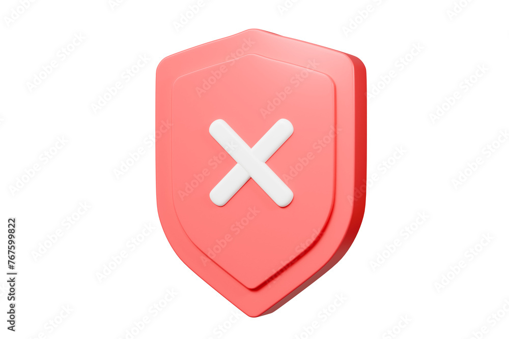 Poster 3d realistic shield unprotected with cross mark icon. unprotection, unapproved, un security unsafe c