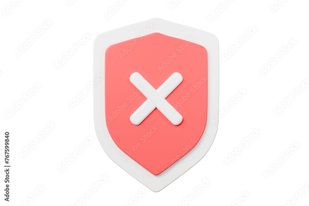 Poster 3d realistic shield unprotected with cross mark icon. unprotection, unapproved, un security unsafe c
