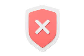 Obraz premium 3d Realistic Shield unprotected with cross mark icon. Unprotection, Unapproved, Un security unsafe concept. Minimal blue and white shield verified badge icon isolated on red background. 3d rendering.