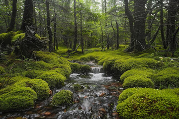 Fototapeta premium A moss-covered forest floor, with a small, crystal-clear stream flowing through, surrounded by ancient trees