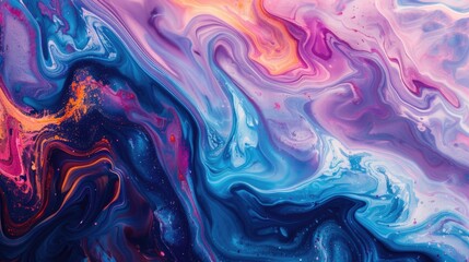 A colorful swirl of paint with blue, orange, and pink colors. The painting has a dreamy, whimsical feel to it - obrazy, fototapety, plakaty