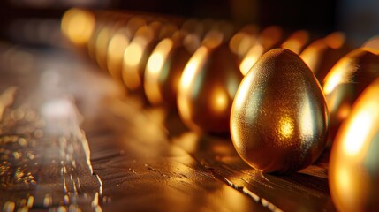 A row of gold eggs are lined up on a table. The eggs are shiny and golden, and they are all the same size. The scene gives off a sense of luxury and opulence, as if the eggs are a symbol of wealth