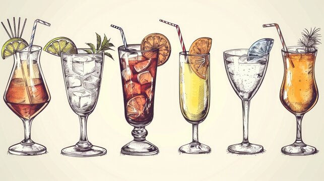 A series of drinks in glasses with straws in them. The drinks are in various shapes and sizes, including a tall glass with a straw and a short glass with a straw
