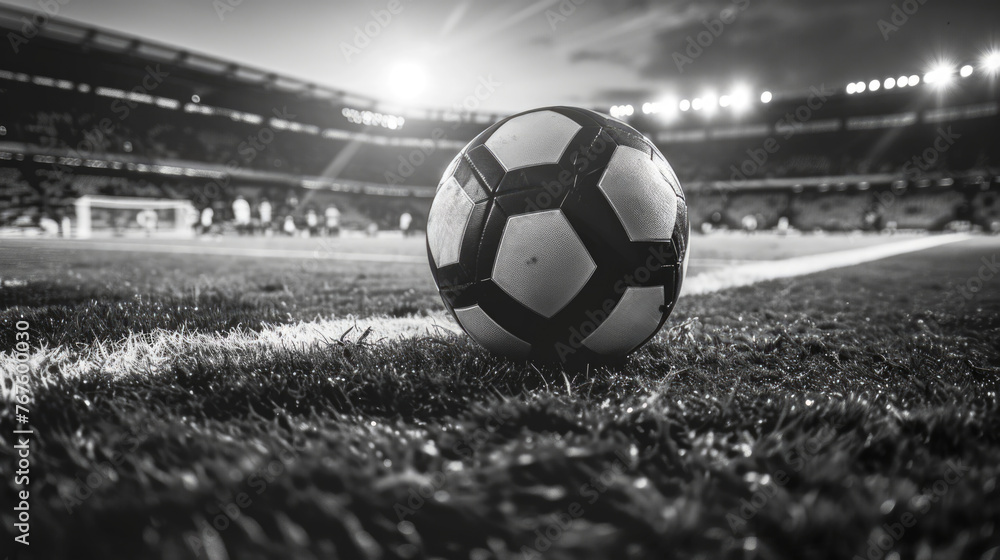 Poster a soccer ball is on the field in front of a crowd. the image has a mood of excitement and anticipati