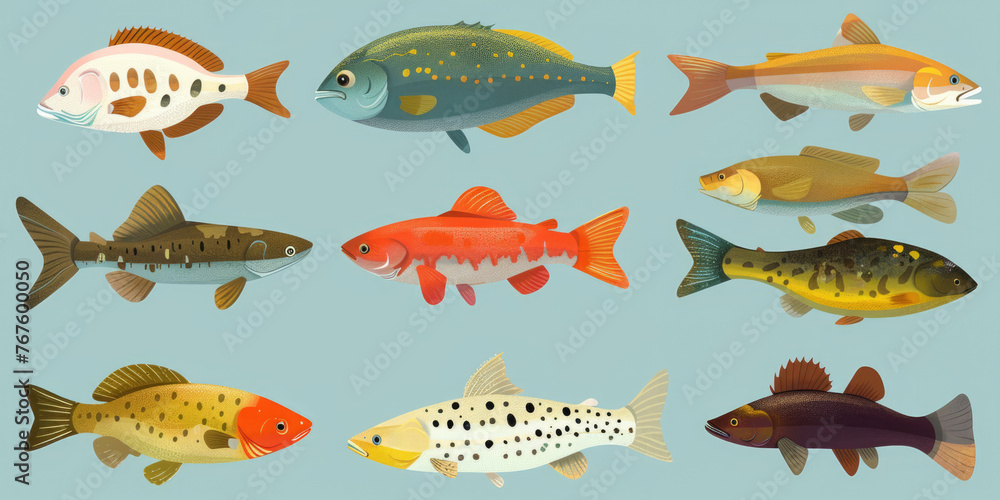 Poster a collection of fish with different colors and sizes. some are small and some are large. the fish ar