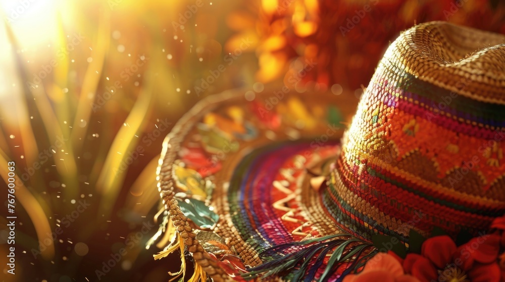 Poster a colorful hat with a fringe sits on a table next to some flowers. the hat is decorated with a varie