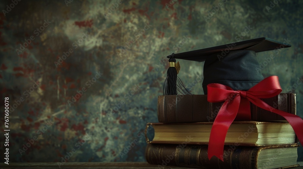 Poster a black cap with a red ribbon sits on top of a stack of books. the cap and books are arranged in a w