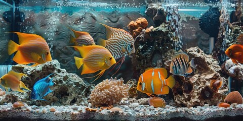 A group of fish swimming in a tank with a rock formation. The fish are of different colors and...