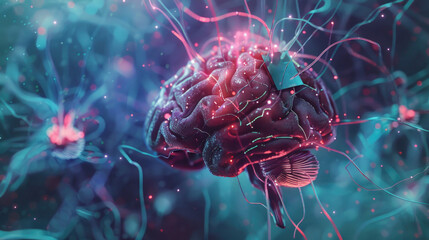 A brain with a green box on it is surrounded by a blue and purple background. Scene is futuristic and technological