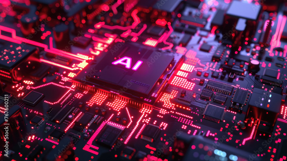 Aufkleber a computer chip with the letters ai on it. the chip is red and glowing. concept of technology and in