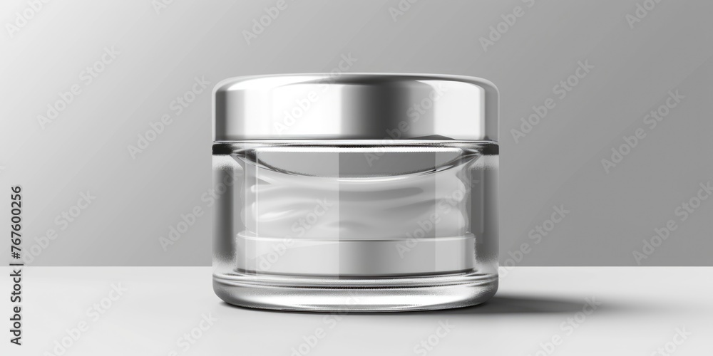 Poster a clear jar with a white lid sits on a table. the jar is empty and has a silver lid