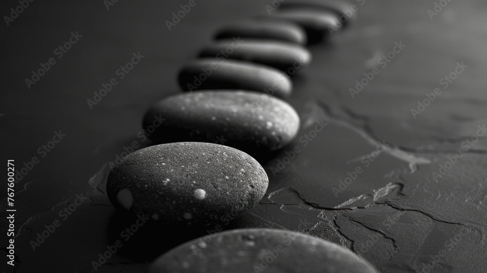 Poster a row of black rocks on a black background. the rocks are arranged in a line, with some of them over
