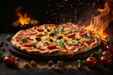 Hot pizza with melted cheese and vegetables on wooden table, delicious restaurant food menu