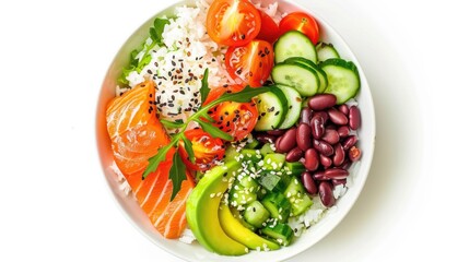 A bowl of food with a variety of vegetables and a piece of salmon