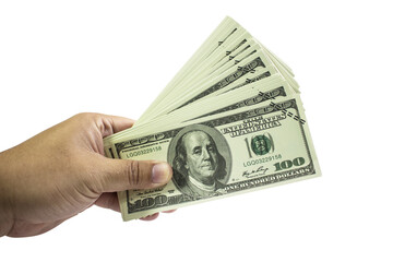 Man hand holding dollar money isolated on transparent background , png
	
