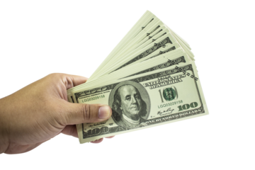 Man hand holding dollar money isolated on transparent background , png
	
