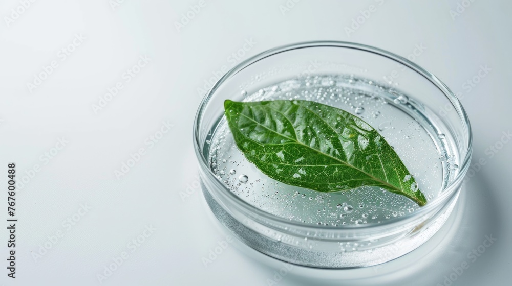 Poster a leaf is floating in a clear container. the container is placed on a white surface. the leaf appear