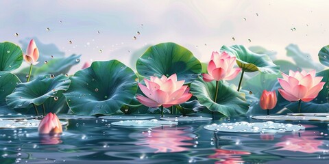 A beautiful image of a pond with many pink flowers floating on the water. The flowers are in various sizes and are scattered throughout the pond. The water is calm and serene - obrazy, fototapety, plakaty