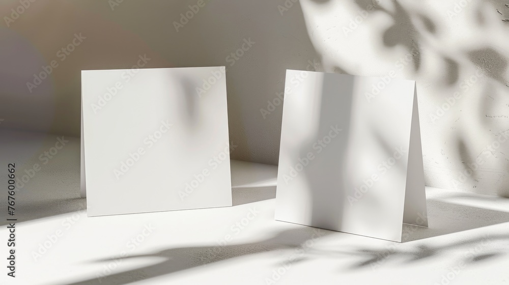 Poster two white cards are sitting on a white surface. the cards are empty and have no writing on them. the