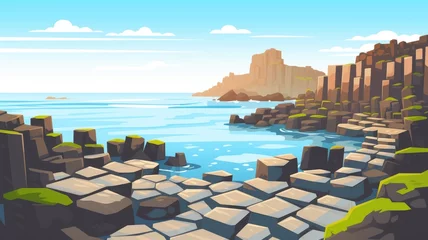 Fotobehang  cartoon landscape of rocky shores and calm blue waters under a clear sky © chesleatsz