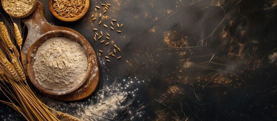 Baking class or recipe idea on a dark background with scattered wheat flour, grains, and ears on a wooden board or table, with space for text. Making dough or pastry.