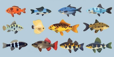 Fototapeta premium A collection of fish with different colors and patterns. Some are small and some are large. The fish are arranged in a grid pattern