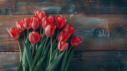 A bouquet of red tulips is arranged on a wooden table. The flowers are in full bloom and are the focal point of the image. The wooden table provides a warm and natural backdrop for the flowers