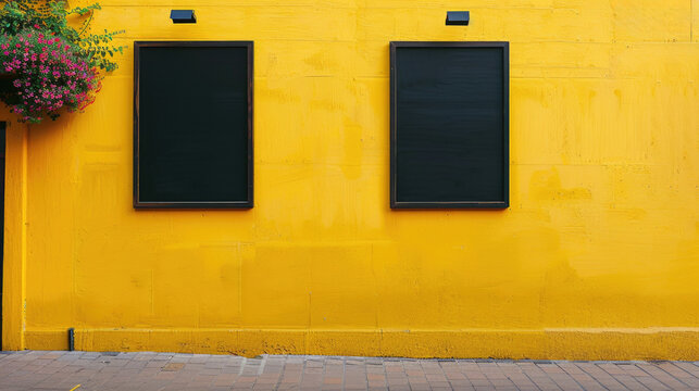 Two black and white signs are on a yellow wall. The wall is bare and the signs are the only decoration