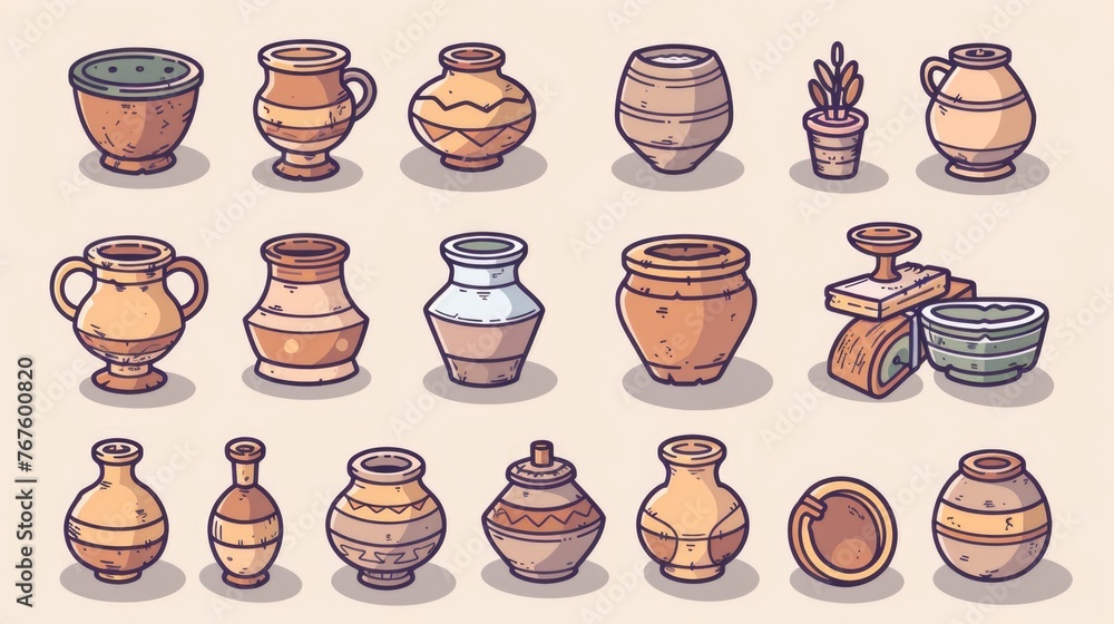 Poster a collection of vases and pots in various shapes and sizes. the vases are arranged in a row, with so