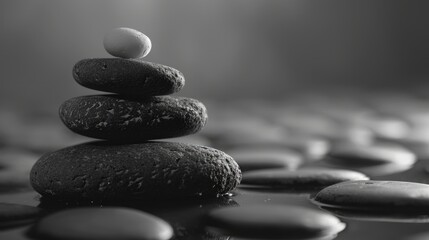 A stack of rocks on a body of water. The rocks are black and white. Concept of calm and serenity
