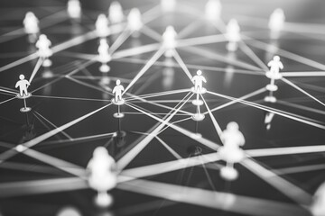 A network of people is shown in a black and white photo. The people are connected by lines, and the photo has a futuristic feel to it