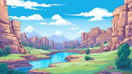 cartoon valley with cliffs, river, and distant mountain