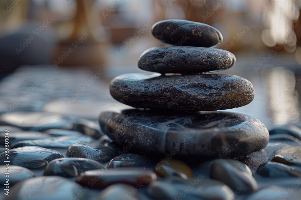 Poster a stack of black rocks on a table. the rocks are arranged in a pyramid shape. concept of calm and tr