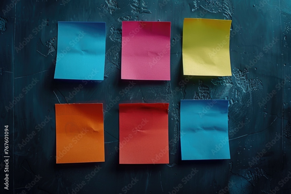 Aufkleber a row of colorful sticky notes are arranged on a black surface. the notes are of different colors an