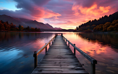 Wooden pier on the lake at sunset. place for fishing and relaxation - obrazy, fototapety, plakaty