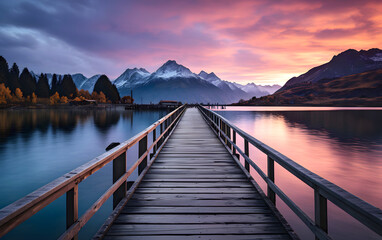 Wooden pier on the lake at sunset against the backdrop of the mountains. place for fishing and relaxation